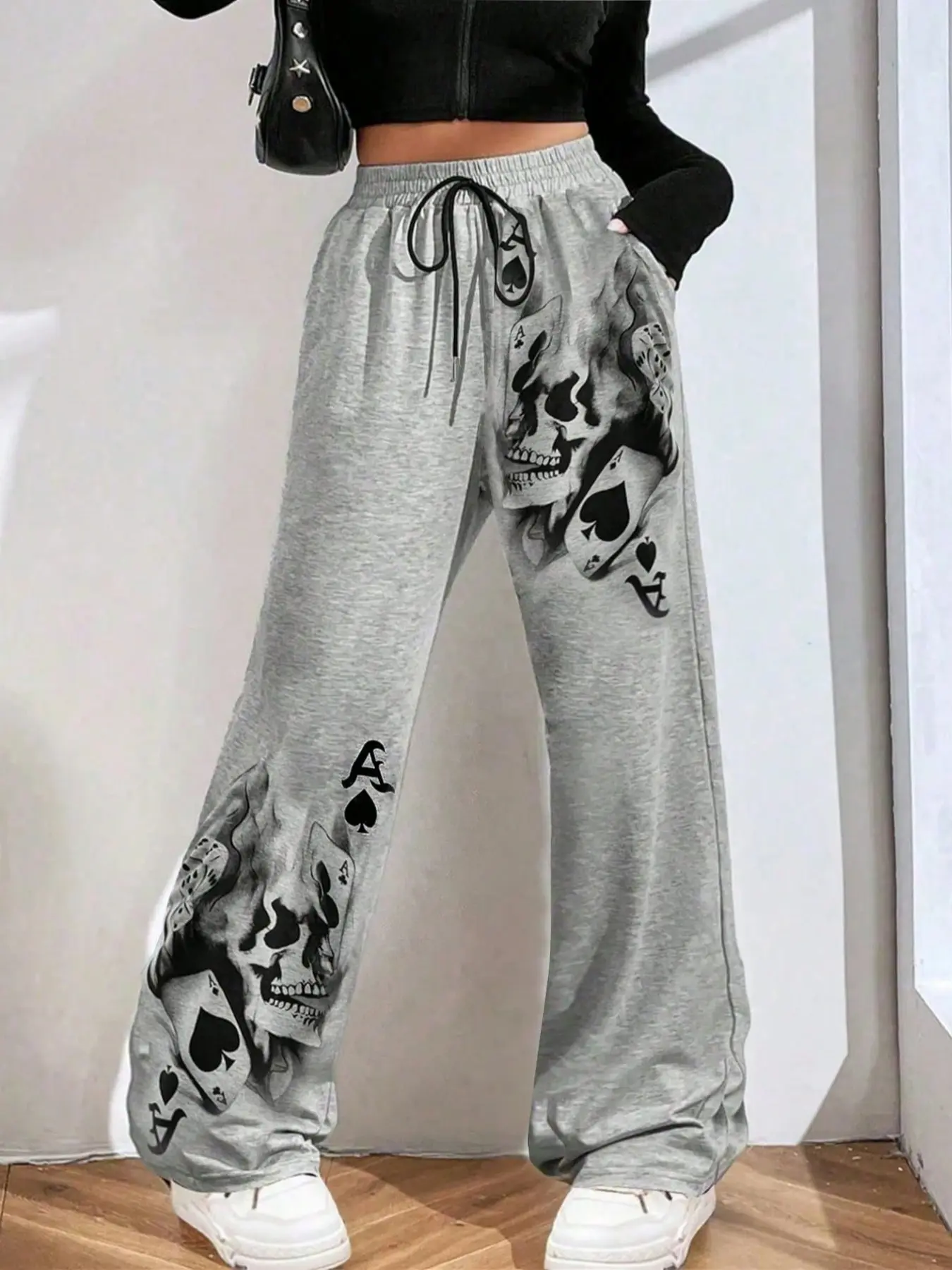 Halloween Women's Casual Loose-Fit Long Knit Pants Bottoms, All Season Pants, Loungewear, Skull Skeleton Poker Print, Daily Wear Fashion, Suitable for Home & Outdoor Activities, Womenswear Piece, Casual Comfy Trousers