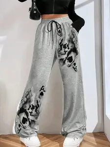 Halloween Women's Casual Loose-Fit Long Knit Pants, Loungewear, Skull Skeleton Poker Print, Daily Wear Fashion, Suitable for Home & Outdoor Activities