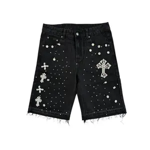 American fashion brand ins rhinestone jeans high street men and women casual trendy retro water washing casual straight shorts