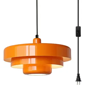 Plug in Pendant Light Mid Century  Lamp with Plug in Cord Orange Pendant Lighting Fixtures Nordic Style Metal Shade /Off   Light for Living Room Dining Bedroom Kitchen