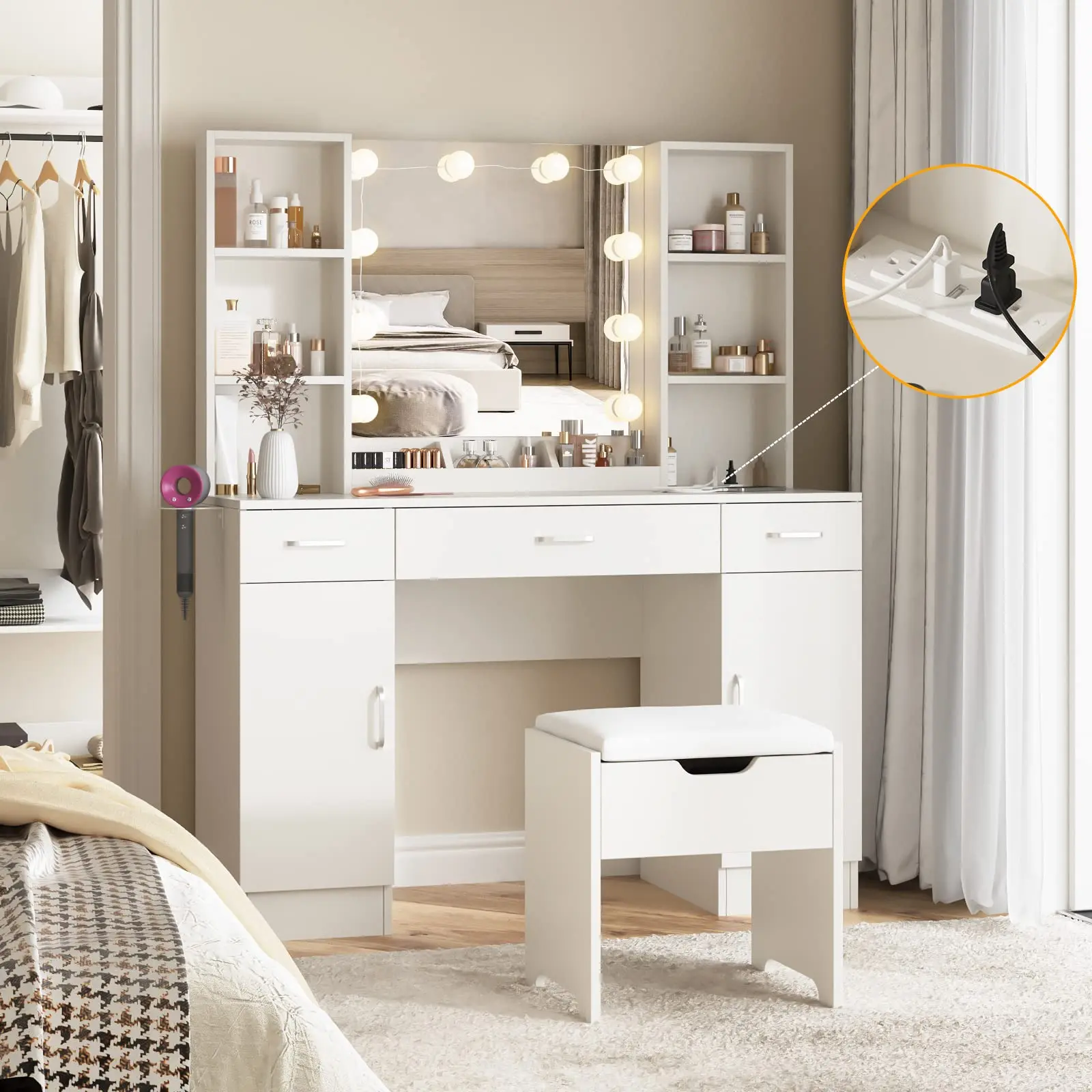 [Summergarden] Vabches Makeup Vanity Table with Lighted Mirror & Power Strip, Large Vanity Set Vanity Desk with Lots Storage, 3 Lighting Modes, Brightness Adjustable, 45.2in(L)