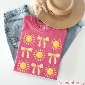Comfort Colors Coquette Bow Summer Shirt for Women, Cute Sunshine Graphic Tee, Beach Vibes Boho T-Shirt, Sun and Bow Aesthetic Outfit, Casual Vacation Gift