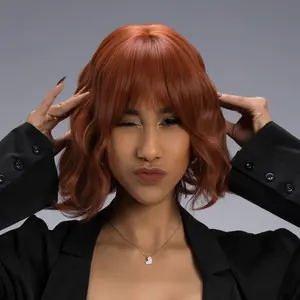 9-Inch Solid Sunwash Faded Cherry Red Layered Wavy Long Bob Synthetic Wig | 【Heat Resistant】【Cap Included】 | FSGA