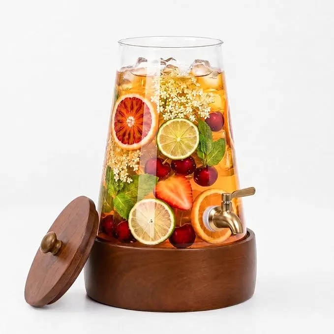 Physkoa Physkoa 1.7 Gallon Glass Drink Dispenser With Spigot, Wooden Base & Lid, Leakproof Rustic Beverage Dispenser For Party Lemonade, Sangria, Iced Tea