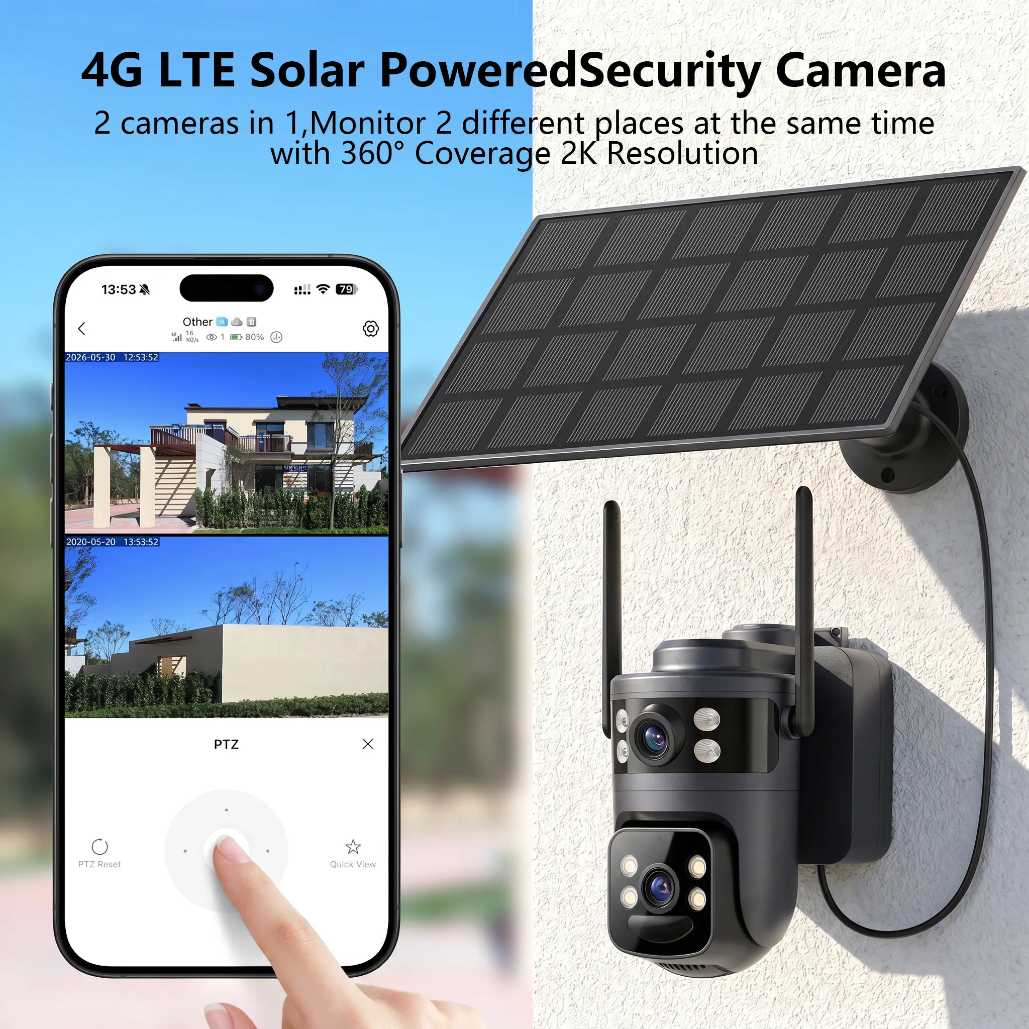 4G LTE Cellular Solar Security Camera,No WiFi,Built-in SIM Card,Remote APP Controlled,Outdoor IP66 Waterproof,2K HD Dual-Lens,No Dead Ends,PIR Motion Detection,Color Night Vision,Spotlight,2-Way Audio,Data refill is required for Unlimited 4G data usage