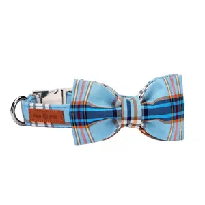 Lionet Paws Boy Dog Collar with Bowtie, Comfortable Adjustable Cute Blue Plaid Bow Tie Collar for Male Dogs Gift