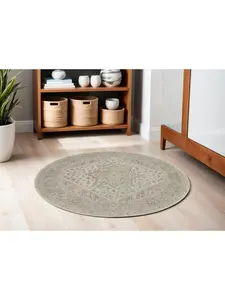 212 MAIN 5 ft. Distressed Round Rug, Ivory-Pink-Gray Floral Medallion, Powerloomed, Stainproof, Transitional, Worn Fade Design