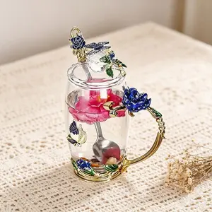 3pcs Chinese Enamel Coffee Cup Set, Includes Spoon and Lid, Lead-Free Crystal Glass Cups, Handheld Drinking Cups, Complete Set
