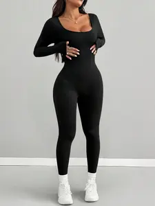 Women's Square Neck Long Sleeve Tight Bodysuit, Stretchy Slim Fit, Casual Daily Wear, Fitness, Street Style, Commute, Curve Enhancing, High Waisted Jumpsuits