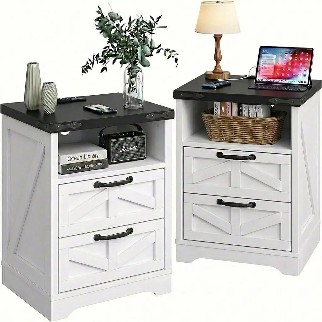 White Farmhouse 2-Piece Bedside Tables Set, Wooden Nightstands with Charging Station, 2-Drawer Indoor Furniture for Bedroom Storage, Bed Side Tables, Farmhouse Accent Table, End Table Combo