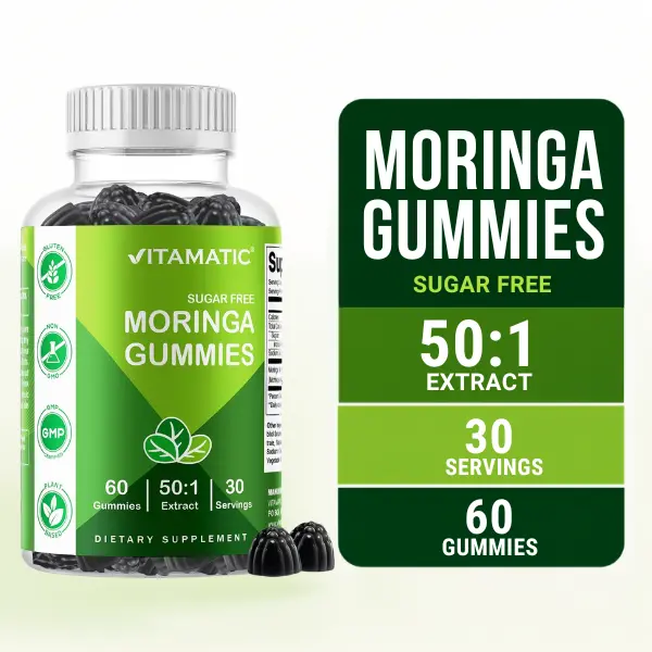 Vitamatic Sugar-Free Moringa Gummies - 60 Pectin-Based Chewables, Dietary Supplement, Essential Minerals, Gluten-Free, Vegan, Natural Energy Support, Clean Fitness Support