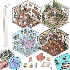 DIY 3D House Stickers, Sticker Book, Fun DIYStickers Scene Make Your Own Mini House CuteCartoon Animal Scene Sticker for Kids AdultSticker Art Relief Stress Pass The Time