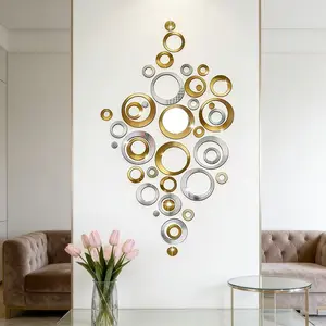 72PCS， Golden silver combination hollow circular acrylic mirror wall sticker, suitable for home decoration, living room, bathroom, bedroom background wall decoration, home decoration lintel decoration, DIY detachable wall sticker, Decoration Items