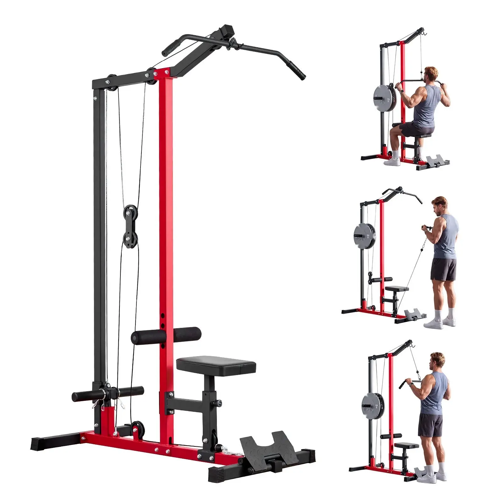 Lat Pulldown And Row Cable Machine For Home Gym, 2-In-1 Cable System With 3-Level Adjustable Seat And 4-Level Foam Roller, 500 Lb Load, Lat Tower For Back, Chest, Triceps, Strength Training Equipment, Black-Red