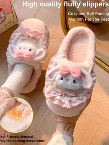 Adorable bunny-themed indoor plush slippers for autumn and winter, ideal for student dormitories, boasting thick padding, warmth, a sturdy sole for grip, and overall coziness.