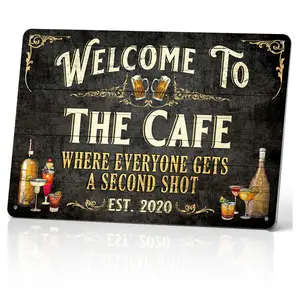Welcome To The Cafe Where Everyone Gets A Second Shot Funny Vintage Cafe Wall Decor for Home Coffee Shop & Bar 8x12 Inch Aluminum Metal Sign