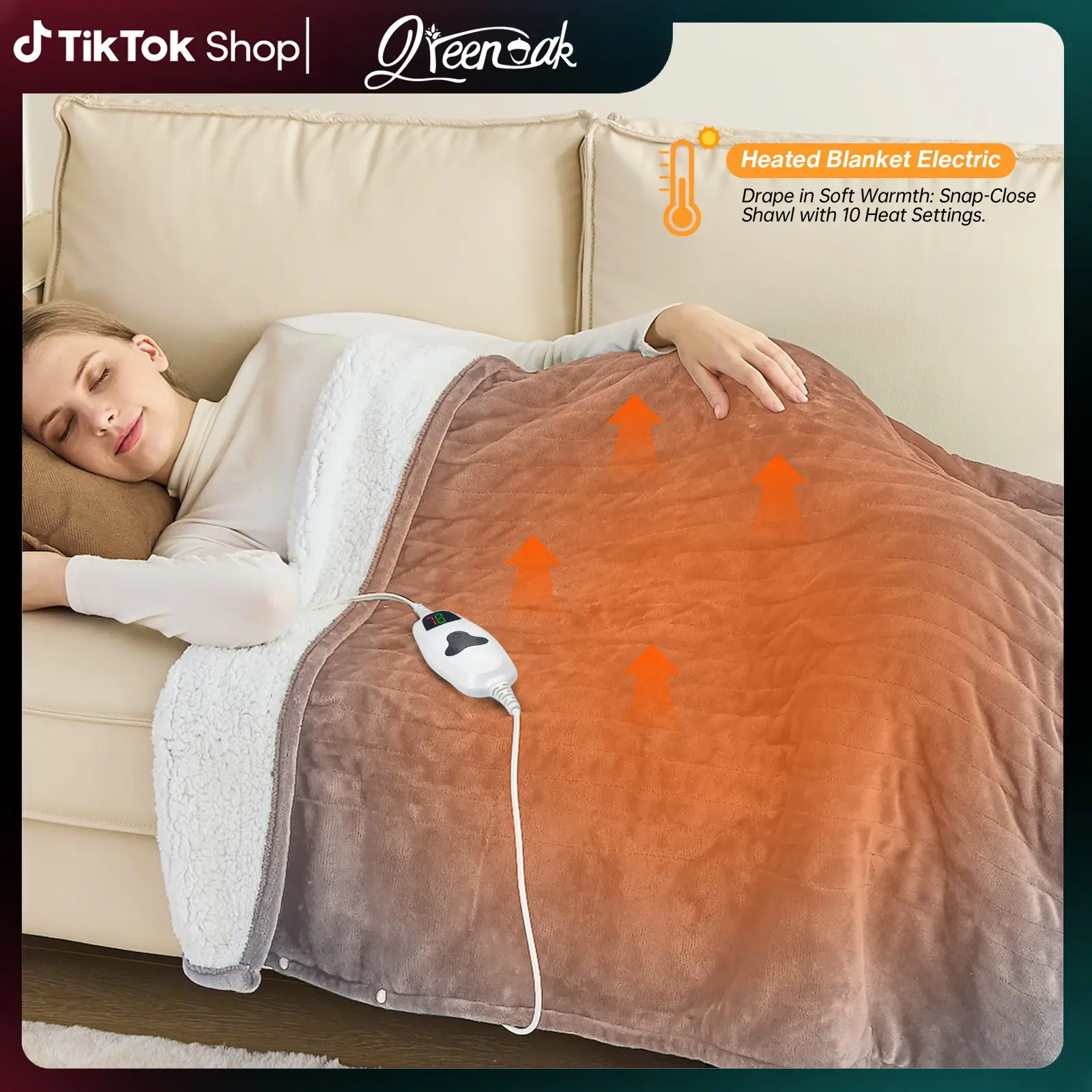 【September Shopping Deal】 Greenoak Heated Blanket Electric Throw 50"X60", Heating Blanket with 10 Heat Levels 8 Hours Auto-Off Overheat Protection, Fa