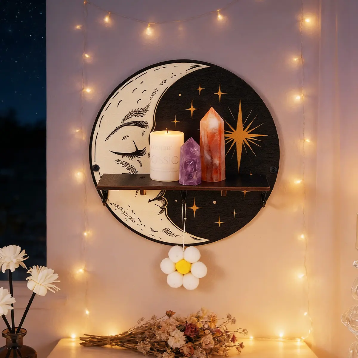 Modern Simple Moon Element Round Wall Decor Shelves, Decoration, DIY Assembly Floating Shelves, Hanging Shelf, Wall Mounted Shelf, Wooden Shelf For Wall, Wooden Panel Iron Hook Design, Bedroom Living Room Dining Room, Wall Organizer Shelf