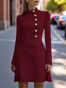 Women's French Elegance Simple Solid Color High Neck Slim Fit Knit Long Sleeve Short Dress, Party Dress, Career Party Dress