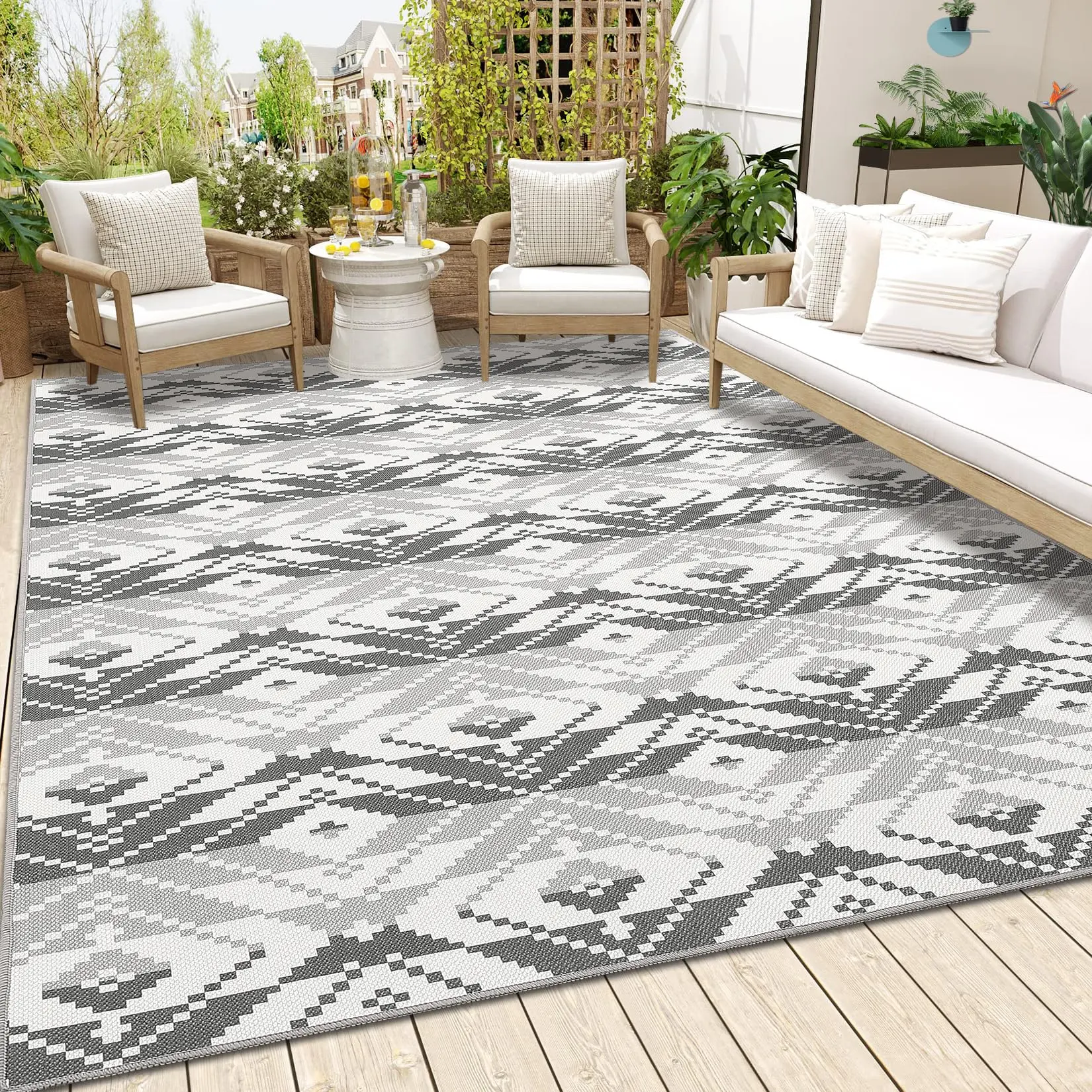 12x9ft Black & White Boho Vintage Moroccan Geometric Print Bohemian Area Rug - Machine-Woven Durable Polyester Low-Pile Weave Non-Slip Fade Resistant Indoor-Outdoor Floor Mat for Living Room, Dining Room