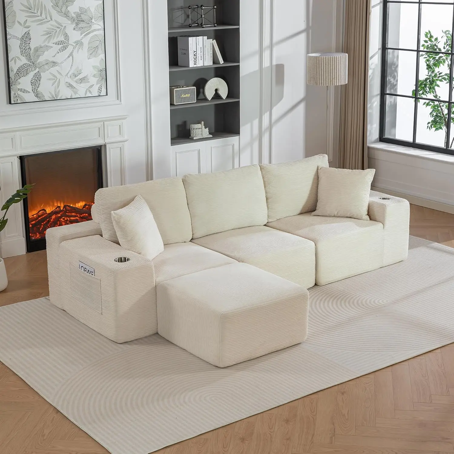 [Summergarden] Vabches 110" Modular Sectional Sofa Couch, 3-Seat Oversized Convertible L-Shape Cloud Couch with Chaise & Ottoman, Compressed Foam, Comfy Boneless Design, Side Pockets, Cup Holders, Corduroy Beige for Living Room, Apartment