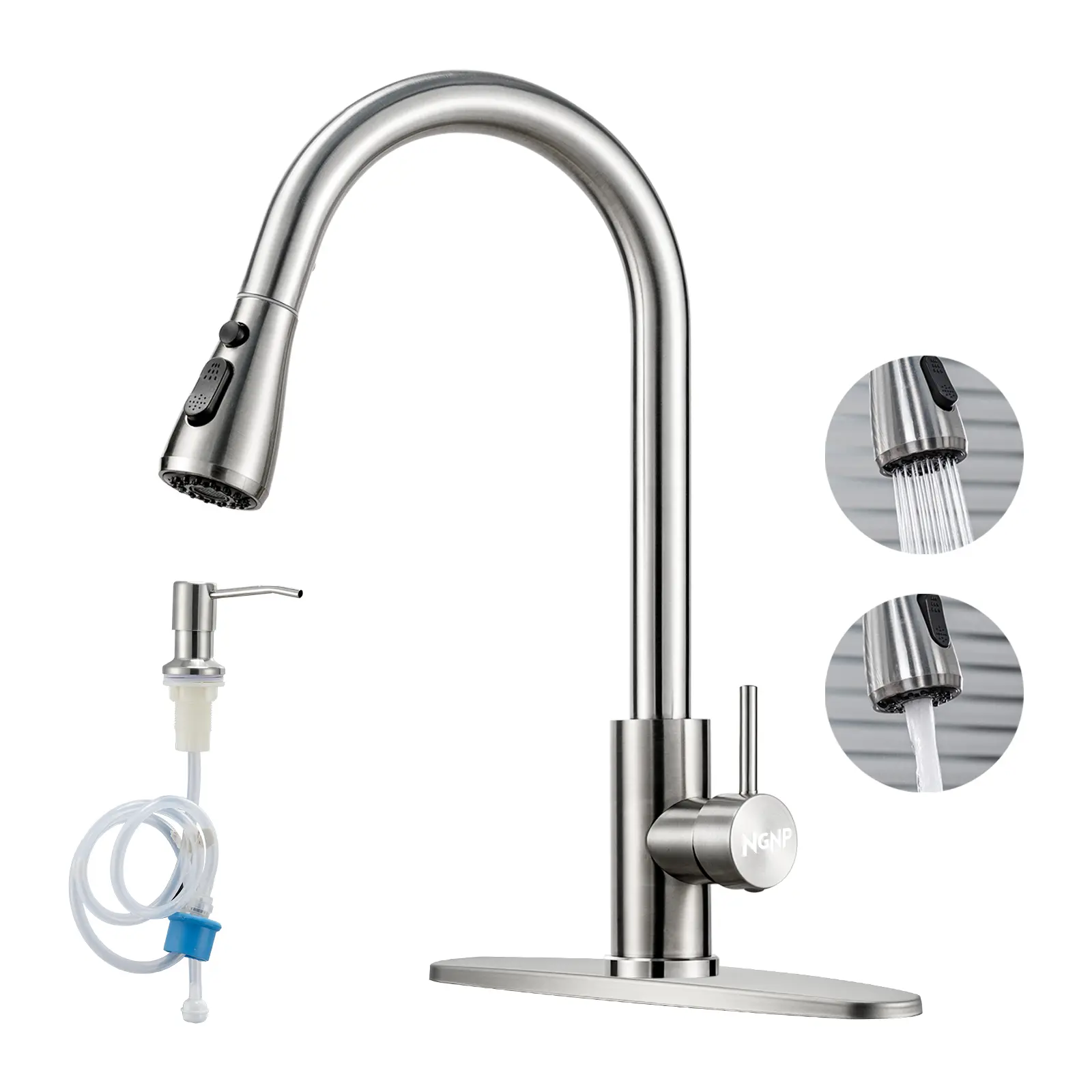 NGNP Stainless steel pull-out kitchen  faucet with soap dispenser, available for 1/3 holes in the , single handle, suitable for , RVs, laundry rooms, bars, brushed nickel paragon sink stainless steel kitchen level