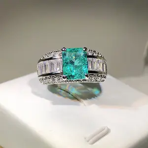 Inlay artificially cultivated high carbon Seiko quality princess square Paraiba simulation diamond ring wholesale
