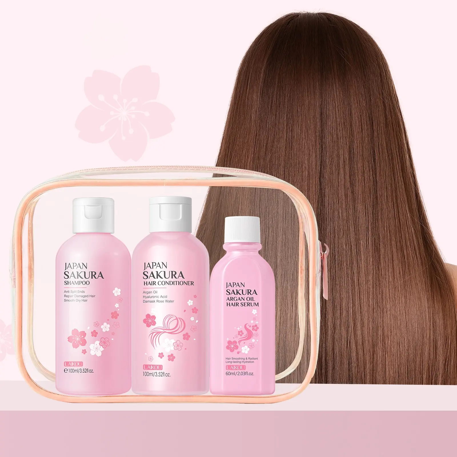 LAIKOU Japan Sakura Hair Care Travel Set - Hydrating Haircare Bundle 3 PCS Shampoo, Conditioner & Argan Oil Serum Kit, Hydrating Hair Care, Deep Nourishing & Anti-Frizz Routine for Smooth Hair, Gym/Travel Essentials, Floral Scent