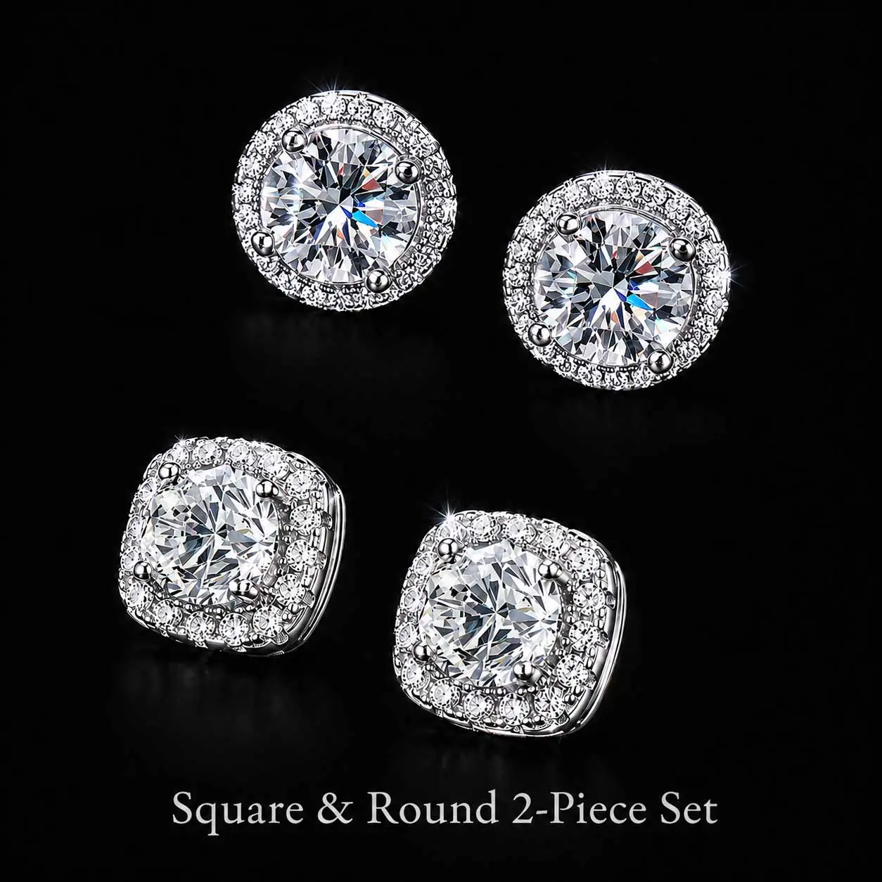 Unisex 2-Pairs Silver-Plated Stud Earrings Set - Elegant Diamond-Embellished Round, Square Cubic Zirconia, Jewelry for Women, Men's Accessories, Earring Stacking, Gift-Ready Set for Birthday, Daily Wear