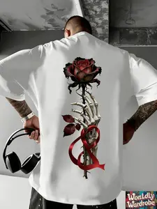 Artistic ShortSleeved Graphic Featuring Striking Red Rose and Skeletal Hand Design Casual Summer Top for Men Statement Plus TShirt for Parties Concerts and Casual Attire Parties Beach & Sports Outdoor Clothing|All-Season Casual Wear, PLUS SIZE