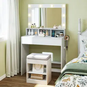 COSTWAY - 31.5 Inches Vanity Desk with 3 Lighting Modes and Storage Shelves-White
