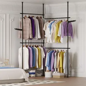 Ptah Floor to Ceiling Heavy Duty Garment Rack, Metal Adjustable Height Clothing Hanging Rack, Black 4 Tier Free Standing Cloth Storage Rack