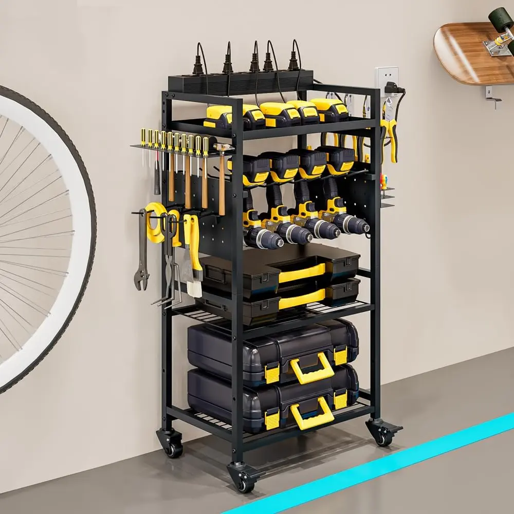 SUOERNUO Large Power Tool Organizer Cart, Garage Floor Standing Rolling Drill and Tools Battery Storage Cart on Wheels, Heavy Duty Utility Rack Shelf,Utility Rack Gift for Men, Husband, Father.