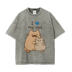 I Love My Dad Cat Hug Washable Direct-to-Garment Tee - 260g Heavyweight Cotton Vintage Streetwear Father's Day Gift Shirt