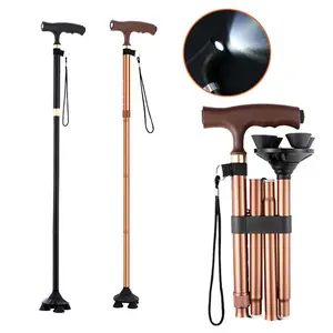 Men & Women Walking Cane Foldable Adjustable Lightweight Self-Standing Pivot Cane Soft Handle with Light Suitable for Seniors Adults Durable Walking Sticks