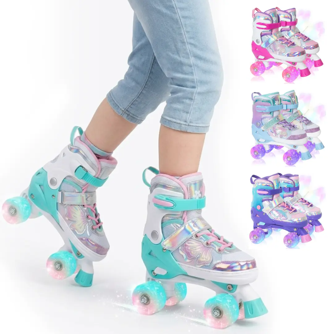 Glitter Butterfly Quad Roller Skates for Girls, 4-Size Adjustable with Light-Up Polyurethane Wheels and Triple Safety Features for Indoor & Outdoor Fun, Birthday, Female, Plastic, Kids Sizes, Glowing Wheels, Self-Powered, Flashing Wheels For Fun