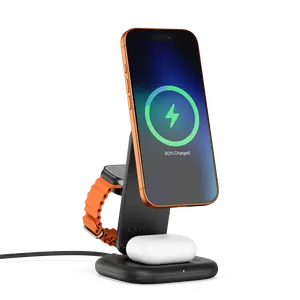 Satechi 3-in-1 Qi2 Wireless Charging Station, 25W Fast Magnetic Charger, Foldable Charging Stand for iPhone 17, Apple Watch Series 11, AirPods, 45W USB C Adapter Included