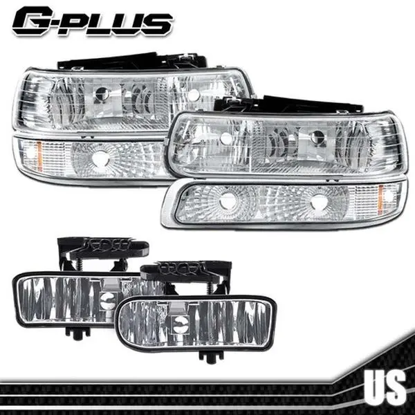 G-PLUS Chrome Housing Headlight Pair Set for 99-06 Chevy Silverado/Suburban/Tahoe, Includes Bumper Signal Lights & Fog Lights, Custom Car Accessory