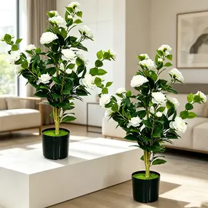 2 Pack Artificial Camellia Tree - Realistic white Flower Faux Camellia Plant in Pot, Lifelike Fake Greenery for Living Room, Patio, Wedding & Home Decor, No Maintenance