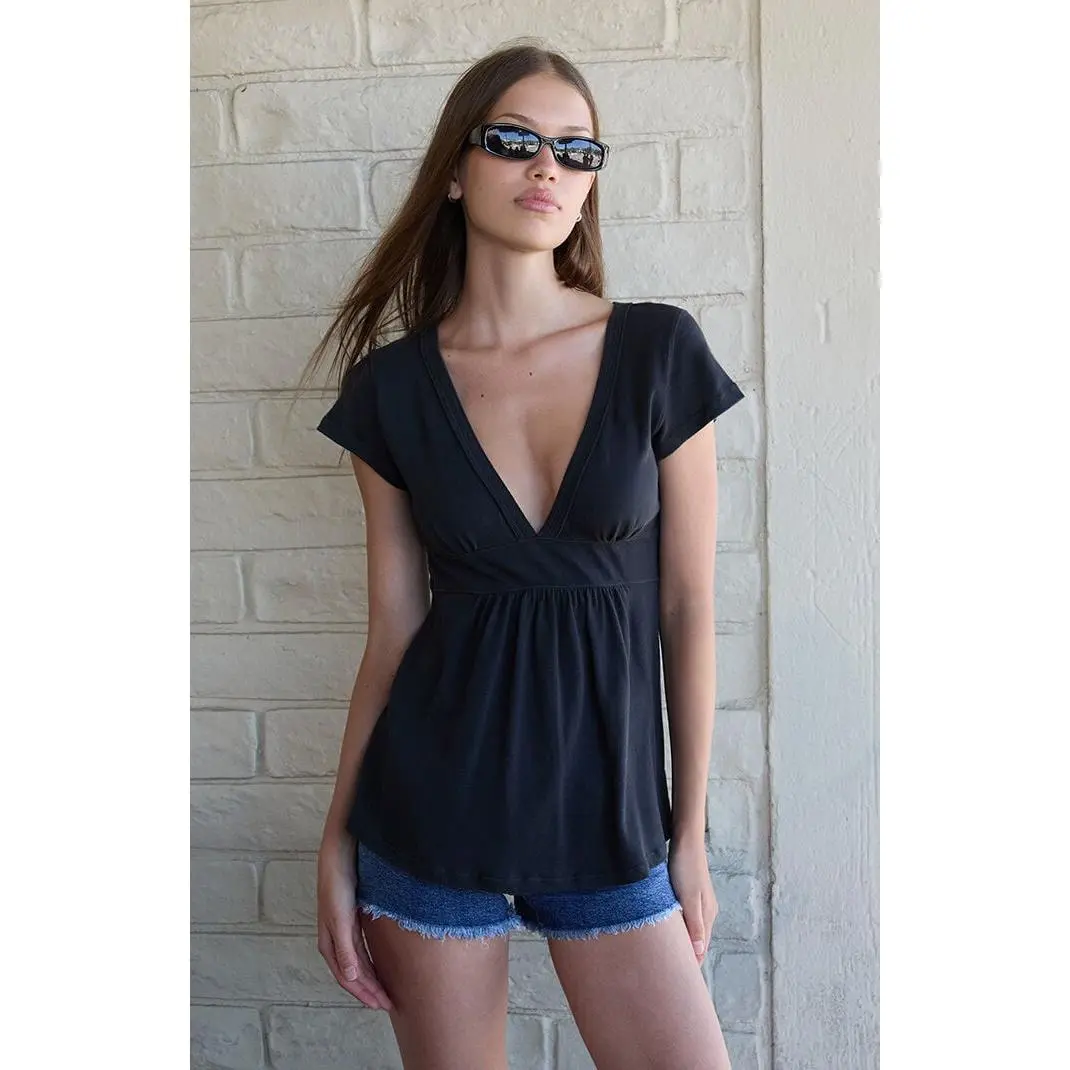 John Galt Women's Black Babydoll V-Neck Top
