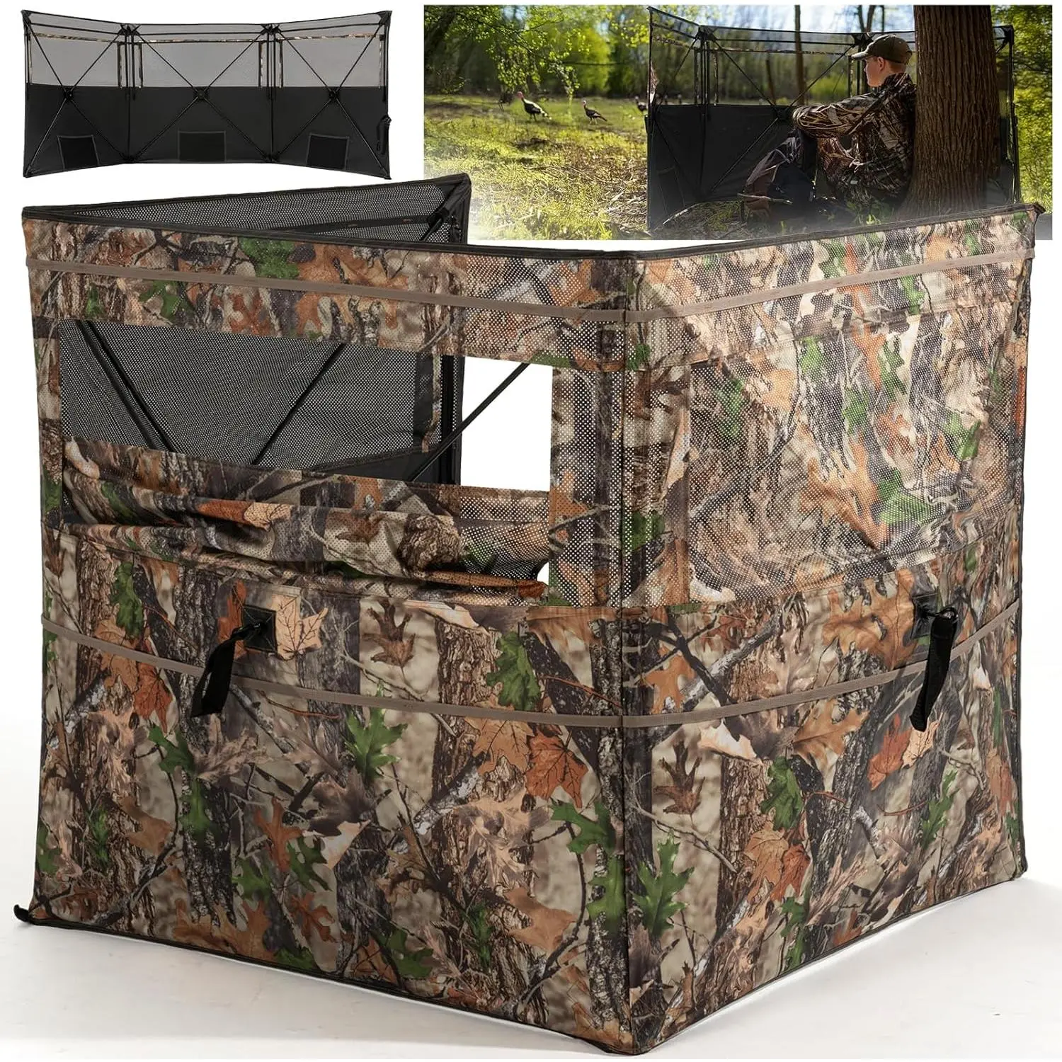 Pop-Up Ground Blind for Hunting, 3-Panel Weather-Resistant Camo Shelter with See-Through Mesh, Silent Sliding Windows & Survival Tools, Portable, Camouflage, Carry Bag, Ground Stakes, Adults, All-Weather Stability, Easy Transportation, Instant Setup