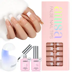 Aillsa Square/Stiletto/Almond French Tip Nails Set - 180pcs Light brown Soft Gel Nail Tips in 15 sizes, Mini UV Lamp, Base coat and Top coat, Easy to Wear Soak Off Acrylic Fake Nails Extensions DIY Nail Art at home Birthday Gift For Women dealsforyoudays