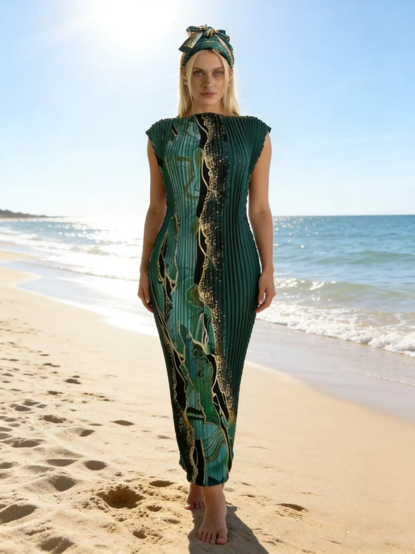 1dress+1scarf Stretchy Sleeveless Pleated Fit Boho Maxi Dress – Womenswear Emerald Green Marble Print Bodycon Gown for Beach, Party & Evening Events Outfits | FREE Matching Headwrap Included