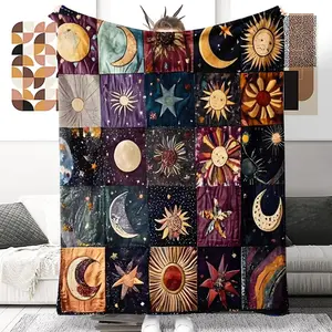 Star & Moon Pattern Patchwork Throw Blanket, Cartoon Pattern Blanket, Soft Comfortable Warm Napping Blanket, Cool Bedroom Bedding Blankets for Home Office Sofa, Cartoon Print Blanket, Blanket Gift