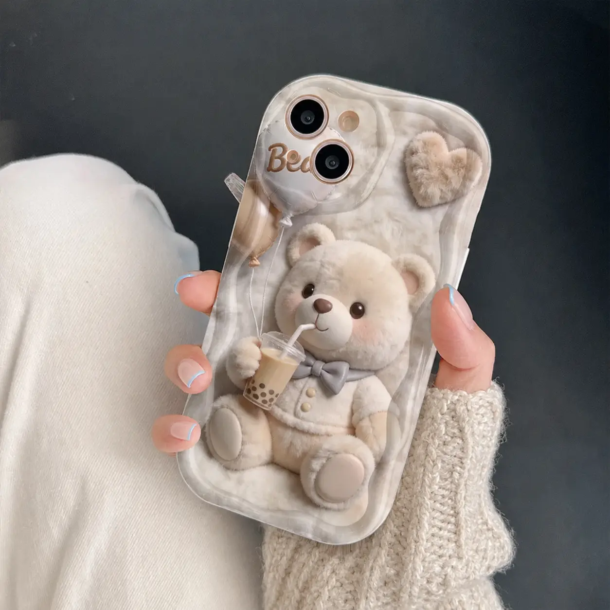 Phone Case: Cute Cartoon Bear Drinking Milk Tea Printed Phone Case, 2D Flat Design Value Phone Case, Drop-Proof and Scratch-Resistant, Suitable for iPhone 17/16/15/14/13/12/11 Pro/Pro Max/Plus Series  Protective Cover bumper luxury fashion clear silicone