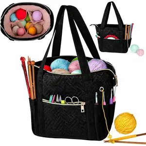 Crochet Bag Organizer for Yarn Storage,  Knitting Tote Bag with Double Handle for Crochet Accessories, Portable Travel Case for Yarn Balls, Crochet Hooks& Knitting  Holder (Black)