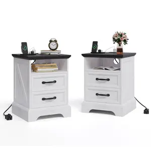 Farmhouse Rustic Nightstands with Charging Station Set of 2, Modern Wood Night Stands Bedside Tables with 2 Drawers, USB Ports & Outlets, White Accent Side Tables for Living Room Bedroom