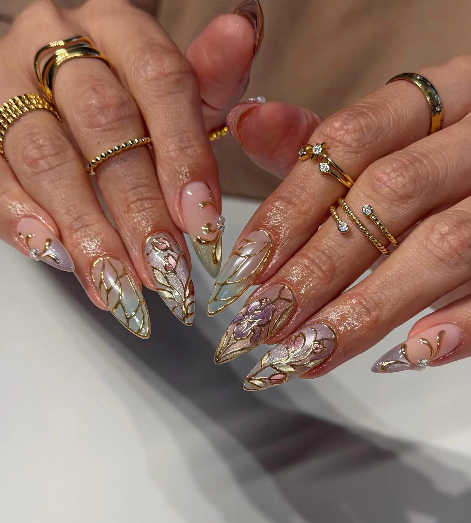 Luxury Floral Press On Nails, Stained Glass Gold Chrome Fake Nails, Pastel Flower Handmade Nail Set