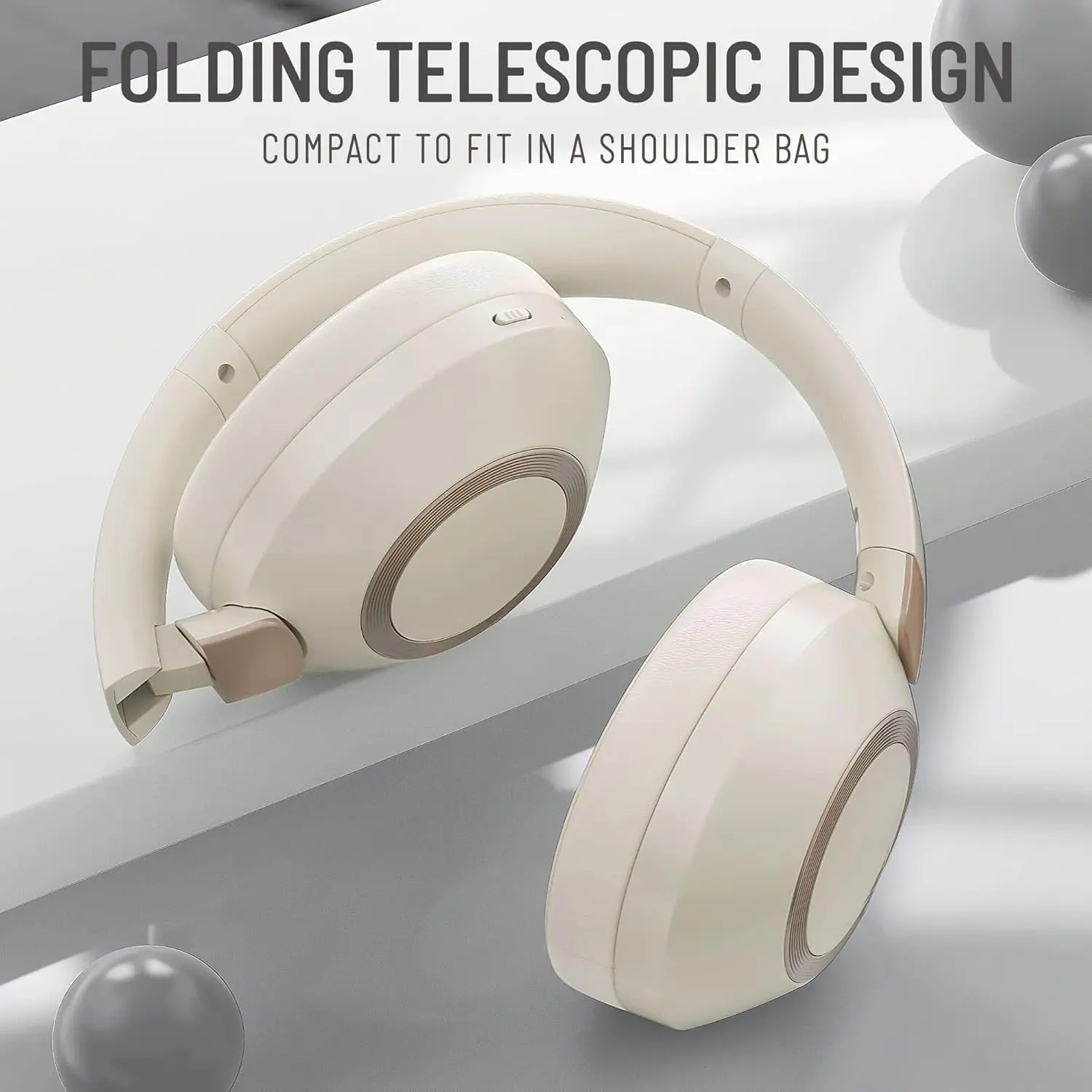 B-C6 Wireless Over Ear Headphones, 50H Playtime Foldable Lightweight Bluetooth Headsets, Deep Bass, Built-in Microphone, Memory Foam Earmuff, for Travel, Home Office (Beige White)