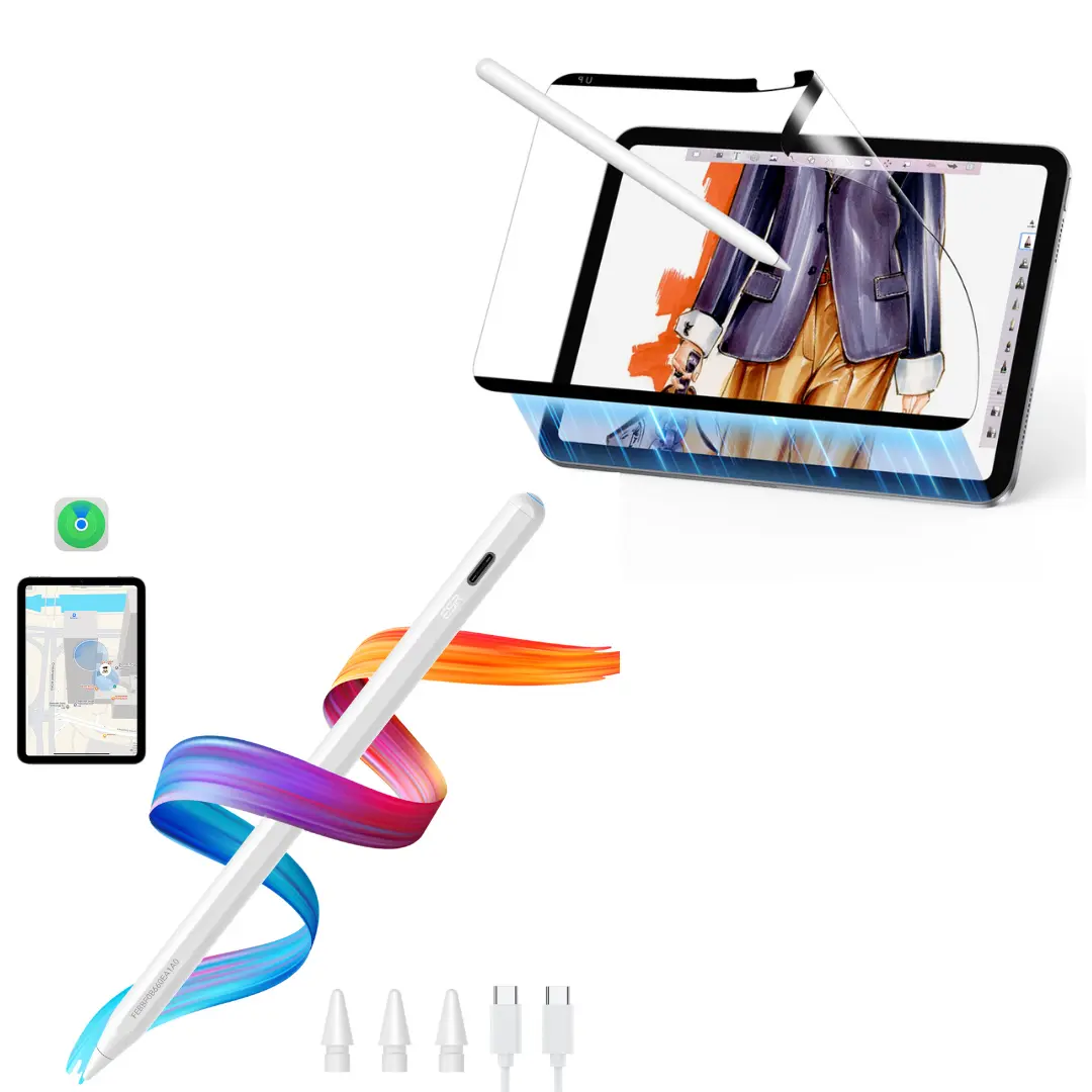ESR Find My Digital Pencil (Includes Pen) with 1 Pack Magnetic Snap-On Paper-Feel Tablet Screen Protector - Detachable, Easy to Remove, Paper-Feel Layer for Grip, Better Control, Anti-Glare, Palm Rejection for iPad Tablet Accessories